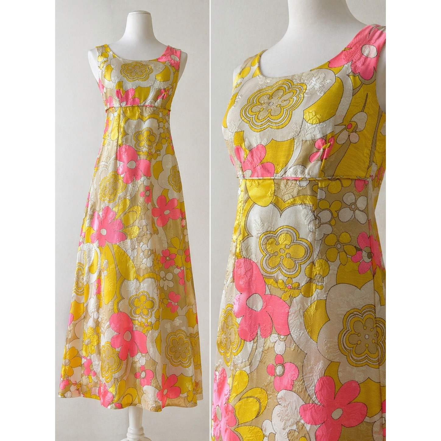 Vintage Calabash House Womens Mod Empire Waist Maxi Dress Xs Hawaiian 60s 70s